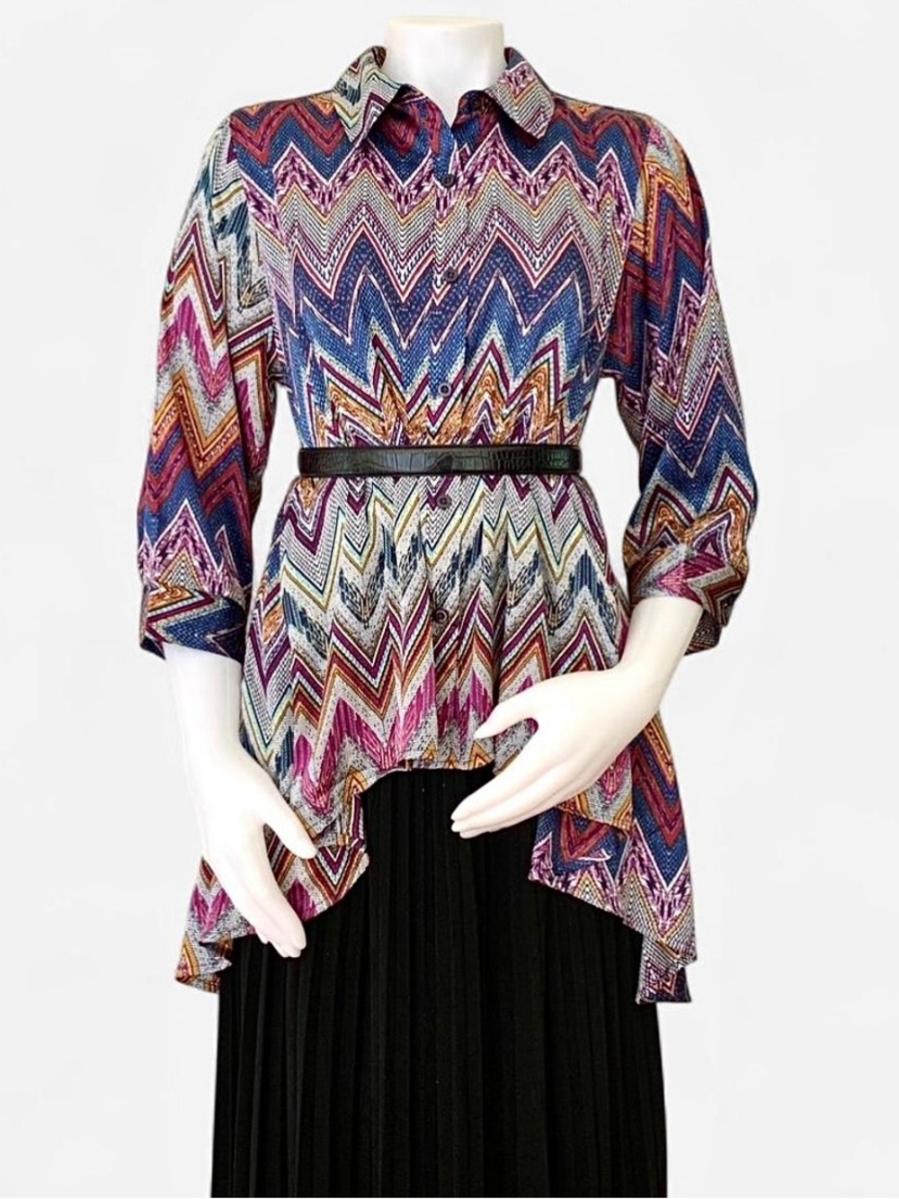 satin chevron print high low blouse shirt in dark jewel tone colors